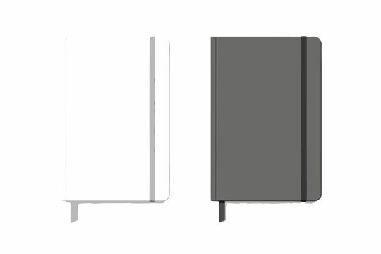 Realistic White and Grey Notebook Mockup Set Vector Illustration. Closed Hardcover Journal Template with Elastic Band and Ribbon Bookmark. Top View Stationery Design for Branding and Identity.