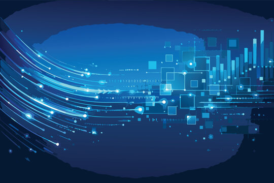 Abstract Technology Background with Digital Data Flow, Blue Light Trails, Binary Code, and Geometric Shapes; Modern Tech Banner for Corporate Business Concept and High-Tech Communication Design.