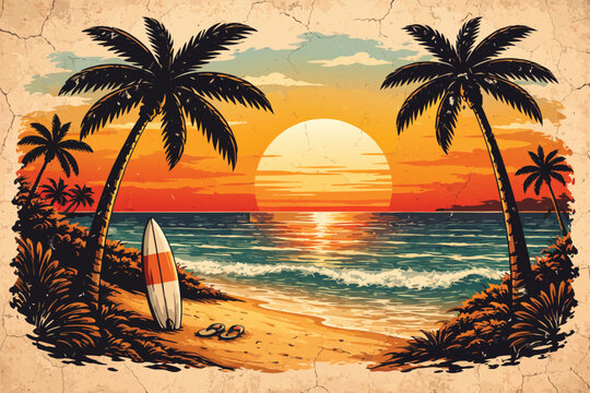 Vintage Tropical Beach Sunset Vector Illustration with Palm Trees, Surfboard and Ocean Waves in a Distressed Grunge Style for Summer T-Shirt Design, Retro Paradise Island Vacation Artwork.