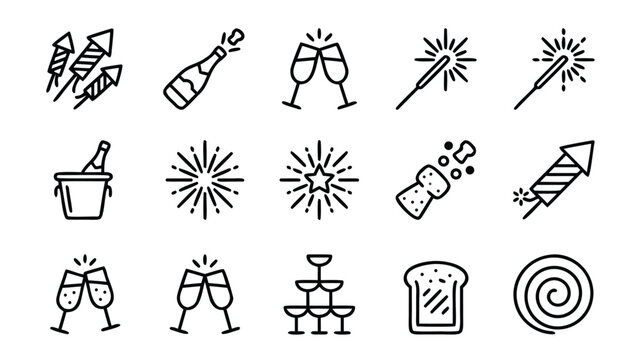 Minimalist Line Art Icon Set for New Year's Eve Celebration and Party Events Featuring Fireworks, Champagne Bottles, Toasting Glasses, Sparklers, Festive Symbols, and Holiday Decorations Vector