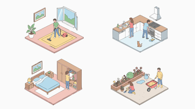 Isometric Vector Illustration Set of People Doing Spring Cleaning Chores: Vacuuming Living Room, Washing Dishes and Mopping Kitchen, Organizing Bedroom Wardrobe, and Gardening in the Backyard.