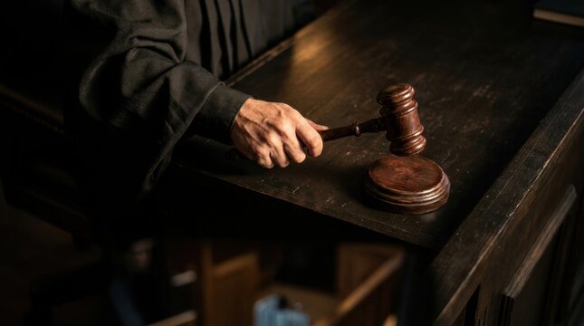 Justice in Hand: A judge's hand holds a gavel, poised to strike, over a wooden desk, symbolizing the solemnity and authority of the courtroom.