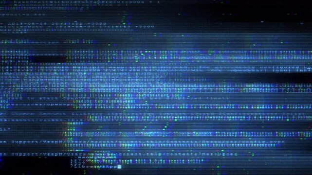 Blue Cyber Glitch Interference Screen with Hacking Code Distortion