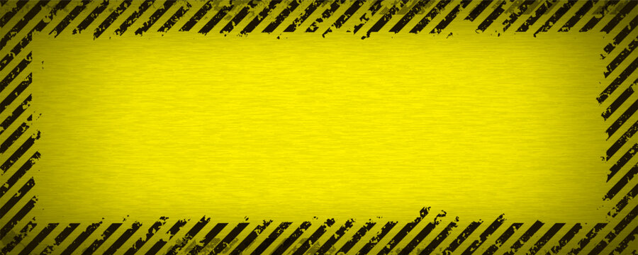 Industrial warning background with yellow and black stripes. Grunge caution tape frame on metal texture. Vector illustration.