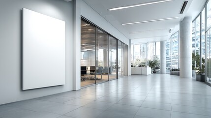 Fototapeta premium Blank white poster in office interior space with bright lighting, clean corporate design and professional mockup presentation concept.