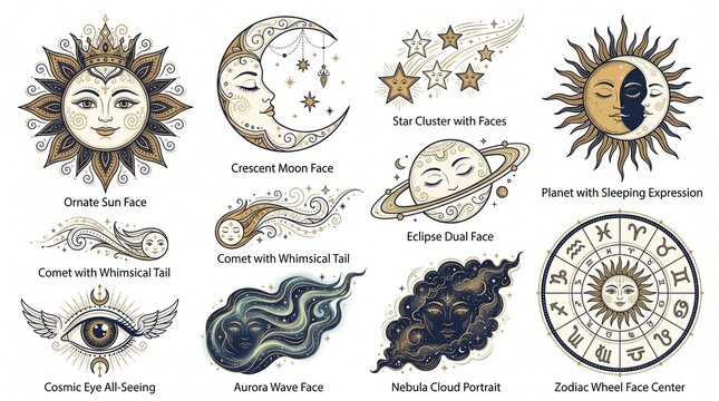 Celestial Sun Moon Face Mystical Botanical Line Art Vector Set