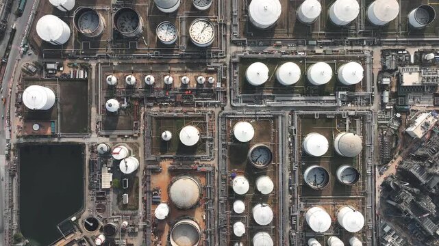 Aerial view white oil storage tank with pipeline steel, Crude oil industry, Storage fuel gas container tank petroleum refinery industrial factory, Oil storage chemical petrochemical refinery product.