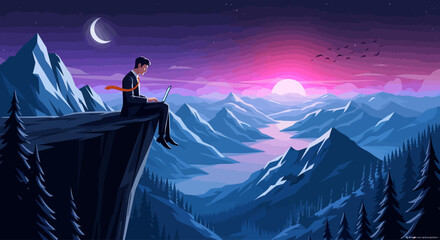 Naklejka premium Illustration of man sitting on cliff edge, serene mountain landscape, purple sunset, vector graphic