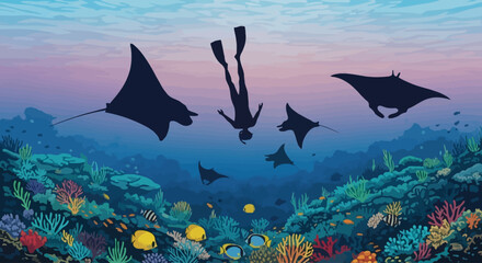 Underwater scene, scuba diver, colorful coral reef, tropical ocean, marine life, vector illustration © Football
