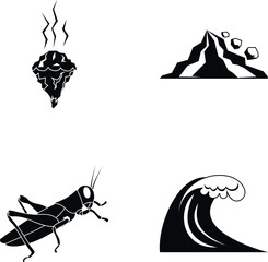 Set of minimalist black glyph icons illustrating various natural disaster events and phenomena © juliars
