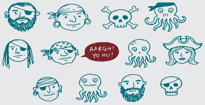 Collection of hand-drawn pirate icons including skulls, octopuses, and various pirate characters with eye patches and bandanas.