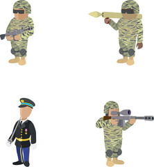Fototapeta premium Different types of soldiers wearing combat camouflage and formal military uniforms