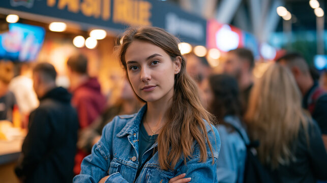 Crowded urban food hall where woman pauses alone surrounded by fast food stalls, overwhelmed expression amid competing food choices, appetite regulation struggle in public space for behavioral nutri