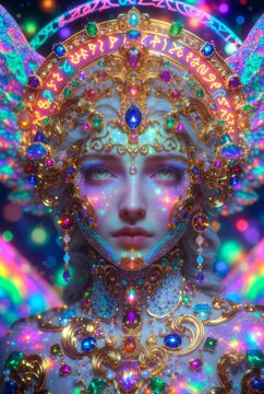 Ritratto surreale di un volto fantasy ornata con gioielli d'oro e gemme luminose, arte digitale ia