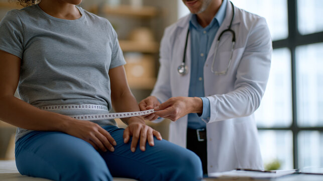 Metabolic health specialist comparing two waistline measurement results over time with patient seated on exam table, progress tracking consultation moment, clinical obesity medicine concept for endo