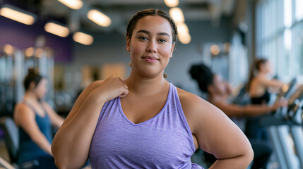 Fototapeta premium Plus size woman in bright athletic wear stretching confidently beside standard gym equipment, other gym members in background, inclusive fitness space representation for health club marketing and bo