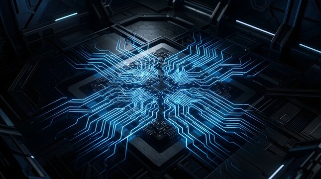 A futuristic blue circuit board glows in a dark industrial room interior
