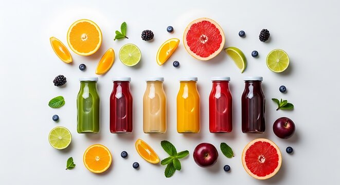 Assorted Healthy Fruit Juices and Smoothies in Glass Bottles on White Background