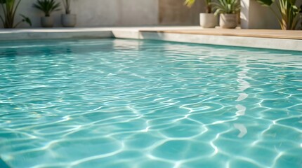 Fototapeta premium Clear blue water gently ripples in a bright outdoor swimming pool reflecting natural light and summer sky, perfect for relaxation.