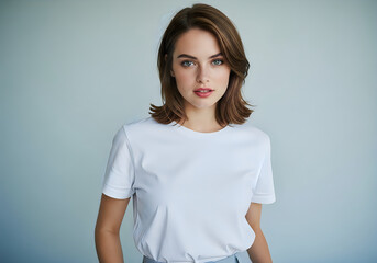 Obraz premium Young woman in casual white t-shirt posing confidently against plain light blue background