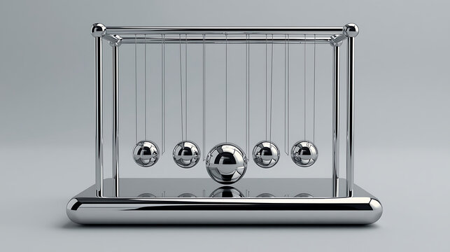 Classic newton's cradle with five chrome balls at rest demonstrating principles of momentum energy transfer conservation of motion in physics isolated on a clean background momentum pendulum
