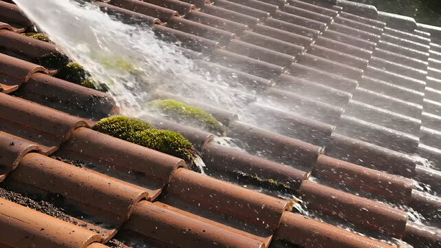 High-pressure water cleaning moss from a terracotta tile roof. Professional worker performing roof restoration and maintenance on a house. Property care concept for home improvement marketing.