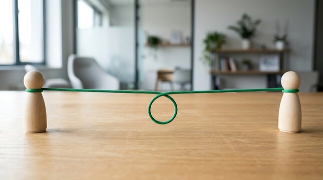 Business Connection and Networking Concept with Wooden Peg Figures Linked by Green String Loop on Desk