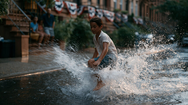 Barefoot child jumping through neighborhood fire hydrant spray on rain-soaked Brooklyn street during July heat wave, parents watching from stoop behind, wet pavement reflecting apartment facades, Am