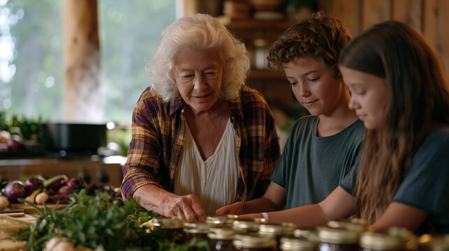 Harvest prep family gathering around long farm table covered in canning supplies with elderly matriarch directing grandchildren in labeling process as steam rises from stove behind and late summer g