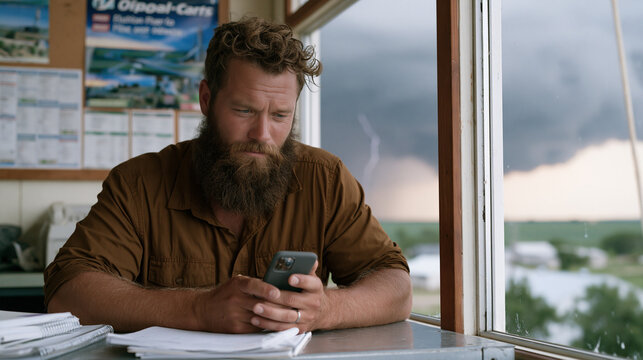 Harvest optimization timing app developer stress-testing field data synchronization in empty desolate grain elevator office, network signal bars barely registering on device, late July thunderstorm 