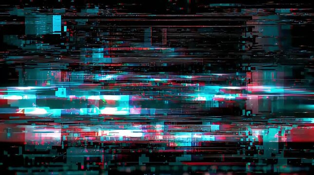 Glitch art background digital noise VHS distortion effect neon blue and red cyber pattern technology abstract motion graphic for video production and creative design