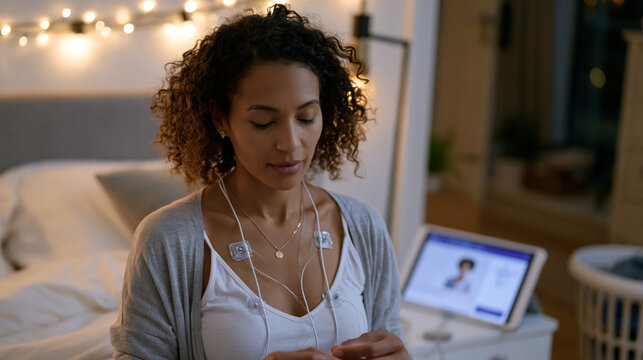 Sleep health monitoring scene in a modest apartment bedroom where a fortysomething Black woman places biosensor electrodes for a home sleep study, instructional tablet propped on the nightstand, lau