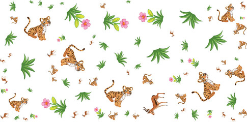 Tiger And Floral Pattern On White Background Seamless Vector Illustration © SBD