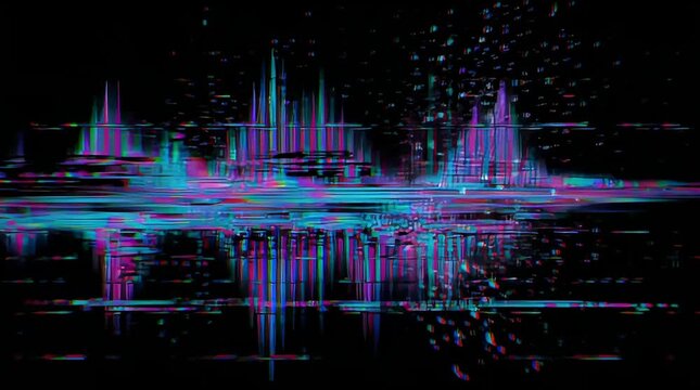 Abstract futuristic glitch city skyline background with neon cyberpunk colors digital technology distortion effect data visualization art for creative media projects and web design