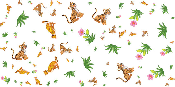 Tiger leopard floral pattern with tropical leaves on white background