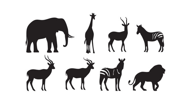 African safari animal silhouettes vector illustration set of elephant giraffe zebra antelope lion wildlife.