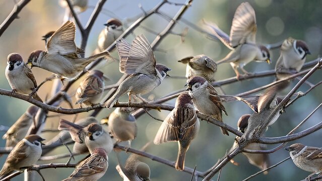 chirping. Flock of sparrows chattering on bare tree branches in soft morning light. wildlife magazines, conservation campaigns, designed for eco-tourism storytelling, used by lab technicians.