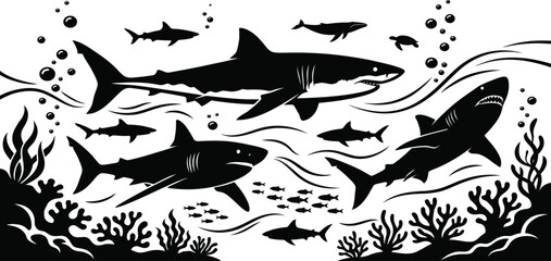 black shark silhouettes underwater coral reef scene vector © MD ASADUZZAMAN