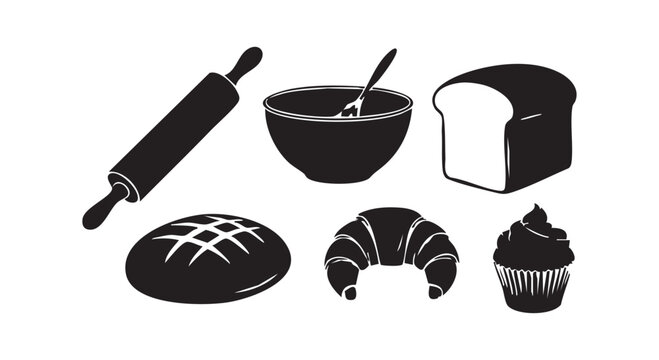 Bakery product silhouettes with rolling pin mixing bowl bread loaf croissant cupcake and round pastry for kitchen designs.