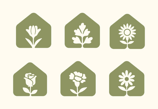 vector set of green flower house plant logo eco
