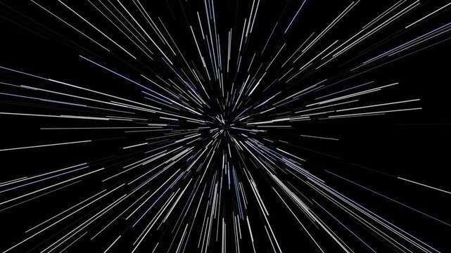 Light streaks warp speed simulation with radial motion and flickering glowing lines on black background for cinematic space travel effects.