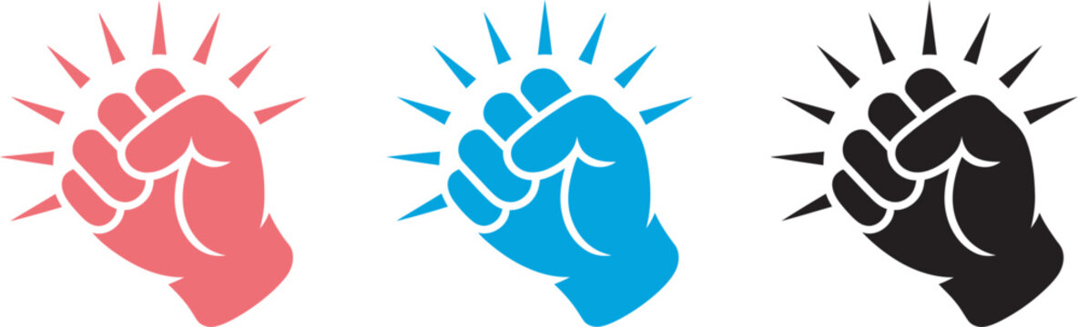 Knocking fist icon hitting outline graphics red blue black symbols impact gesture concept vector illustration representing contact action, interaction and alert communication visuals.