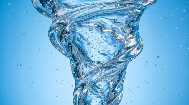 Dynamic water swirl: captivating vortex against a blue background with bubbles