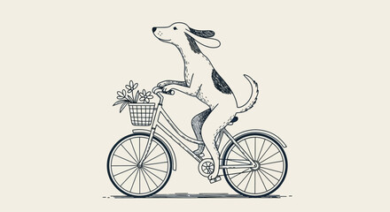Fototapeta premium Vector illustration, dog on bicycle, black and white, cartoon pet, bike ride, floral basket