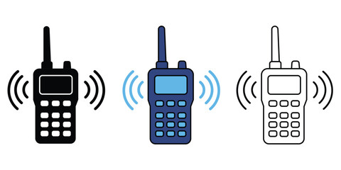 Set of walkie talkie icons in different styles, including solid black, flat blue, and outline versions, vector illustration © Yasmin