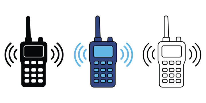 Set of walkie talkie icons in different styles, including solid black, flat blue, and outline versions, vector illustration