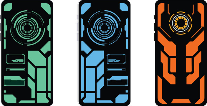 Set of futuristic smartphone back covers with glowing neon interface elements and abstract geometric patterns vector illustration
