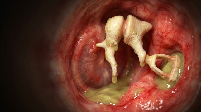 Close up view of the ossicles malleus incus and stapes with inflammation and fluid