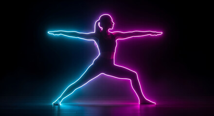 Obraz premium Woman doing yoga pose with neon blue and pink light outline