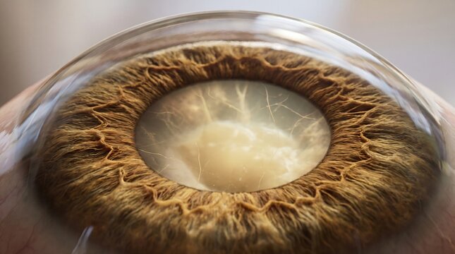 Extreme close up of a human eye showing iris detail and reflection on cornea